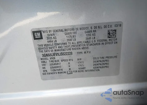2018 Chevrolet Equinox Lt z USA, uszkodzony, nr VIN 3GNAXJEVXJS622228